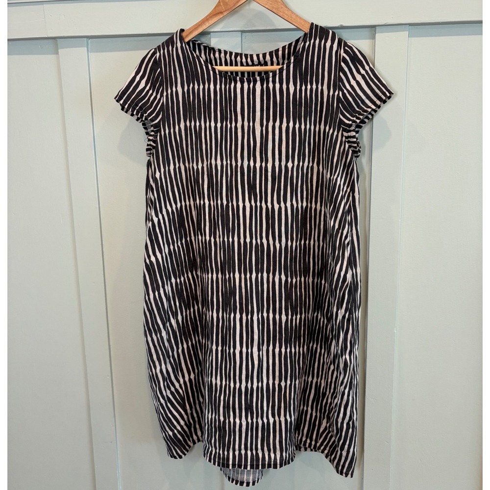 Marimekko Pekaania 100% Linen Dress Black White Stripe Shift Size 34